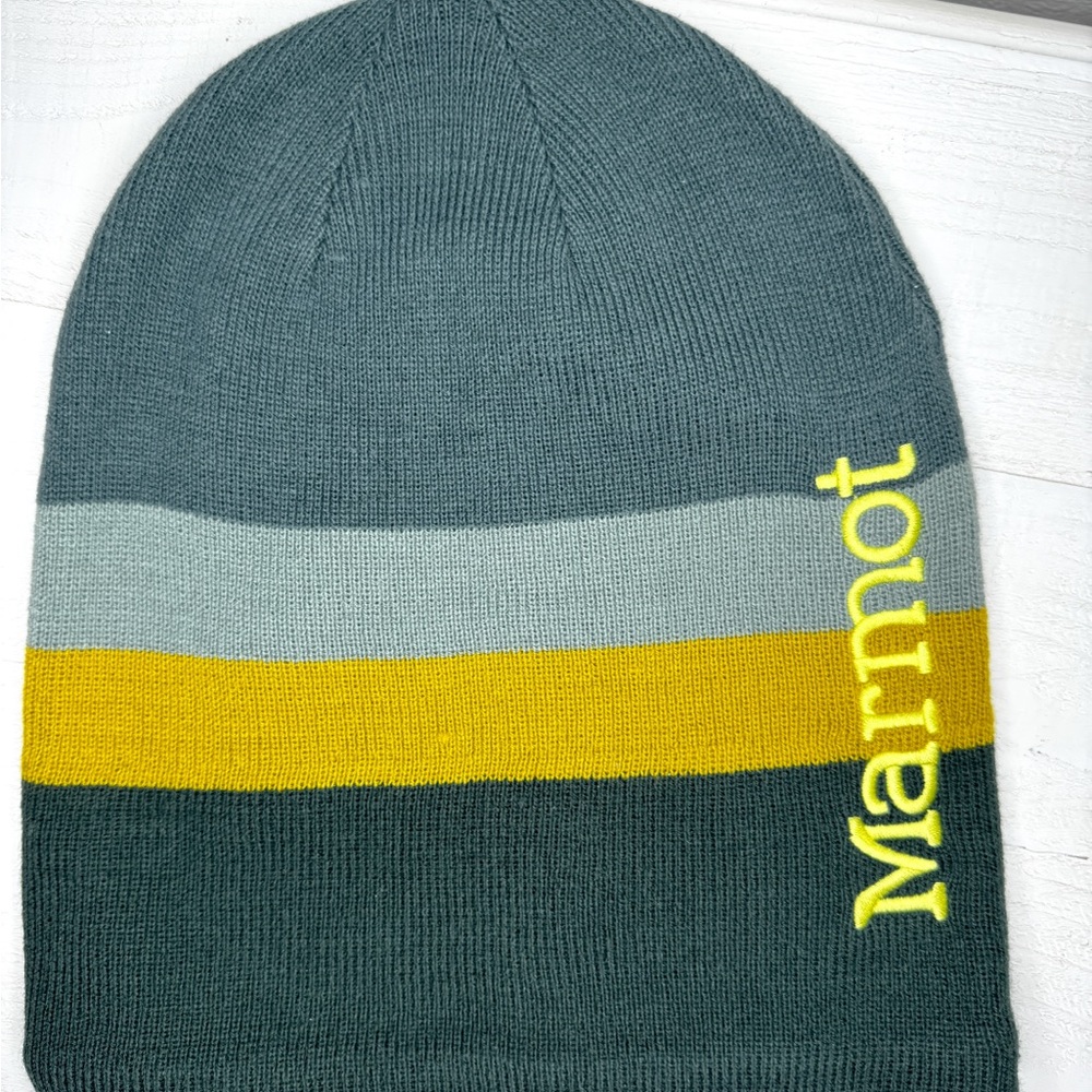 🟢 Marmot Striped Knit Beanie Hat | Fleece Lined | Green Yellow | One Size